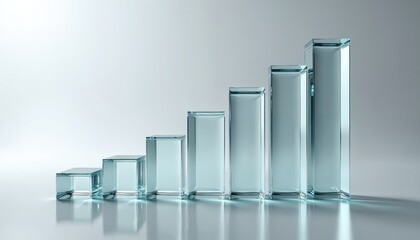 Abstract bar chart crafted from transparent glass blocks. Illustration features rising graph data trends business growth. Visual concept for finance statistics marketing, innovation digital tech.