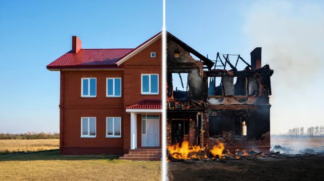 House exterior contrasting between intact and burned, brick architecture, fire disaster, property damage, before and after transformation, home restoration, insurance concept, emergency scene