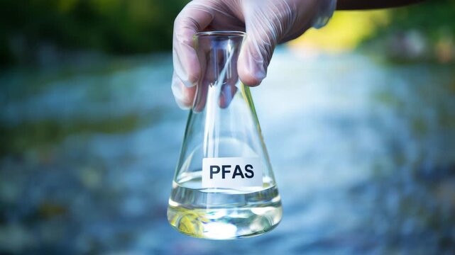 Flask labeled PFAS held by gloved hand, environmental science, chemical analysis, water contamination, scientific research, safety measures, ecology studies, laboratory investigation