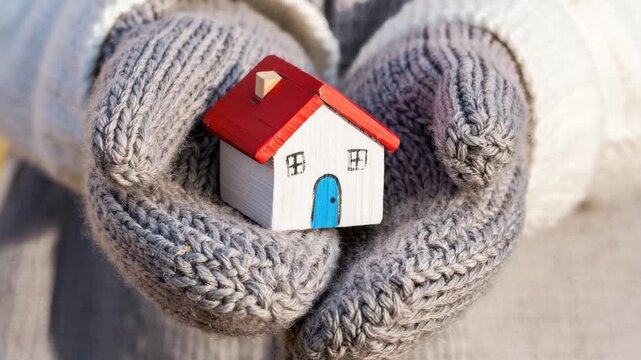 Miniature house with red roof in hands, cozy warmth, knitted mittens, home protection, tiny home model, winter shelter, comfort, real estate concept, caring hands, home security