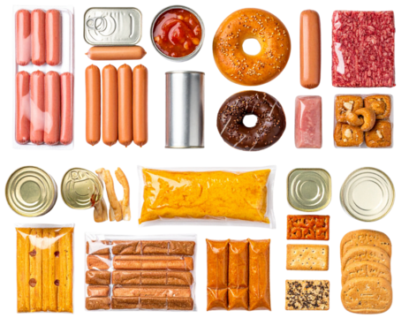 Two industrial food assortment variations isolated on transparent background