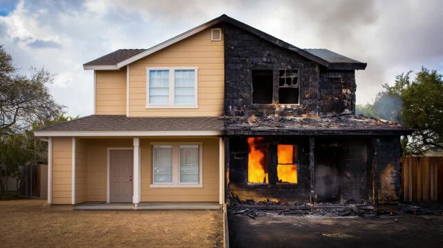 House exterior with fire damage, half-burnt siding, residential fire, charred building, fire prevention, home safety, property risk, fire damage restoration, contrast between burned and intact  