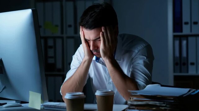 Overworked man stressing late at night, office environment, computer screen glow, workplace burnout, stress management, coffee cups, paperwork overload, night shift struggles, corporate life