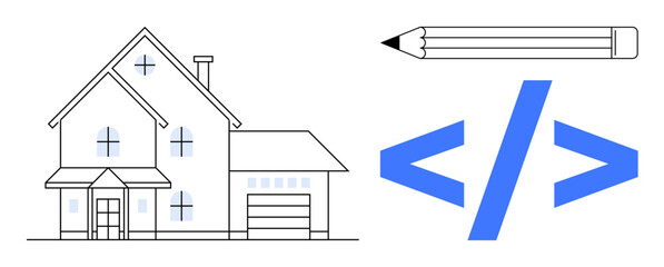 House facade, pencil, and coding angle brackets merging renovation, creativity, technology. Ideal for design, architecture, coding, real estate innovation progress simple flat metaphor