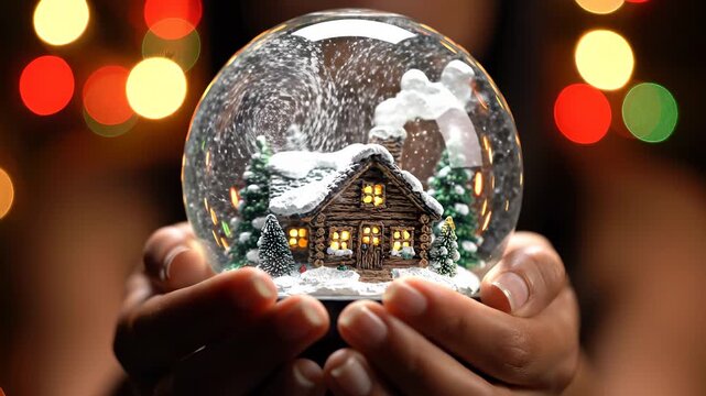 Hands holding a snow globe with a miniature house and trees inside. A close-up view of a festive holiday souvenir. Magical winter wonderland, cozy atmosphere, Christmas spirit.