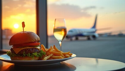 Burger, fries, and white wine sit on a table at an airport lounge. Golden sunset light fills the sky with an airplane taxiing outside. Travelers enjoy food before a flight. © Maryna