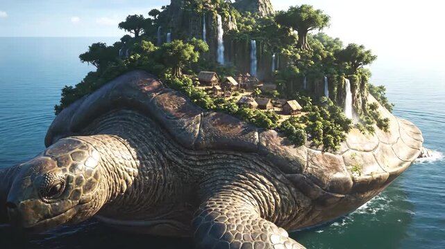 Majestic giant turtle carrying a fantasy island with waterfalls and a village while swimming in the ocean
