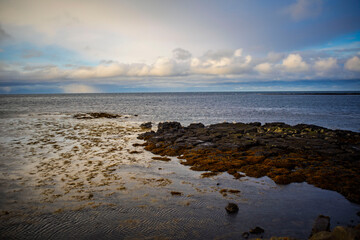 Rocky coastal shallows with seaweed and calm blue water under cloudy sky