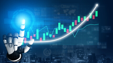 A futuristic robot hand points towards a rising stock market graph, symbolizing growth and success in digital finance and investment strategies. Impute