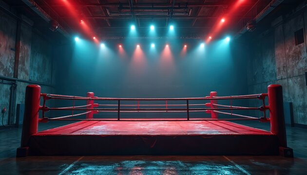 Dramatic photo of boxing ring with red and blue lights. Illustration presents empty sport arena ready for fighting competition. Indoor sport concept shows wrestling stage. Rink sport background