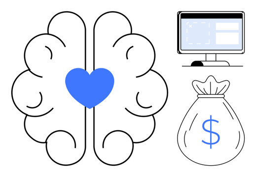 Brain with heart in center, monitor, and money bag representing emotional intelligence, technology, wealth. Ideal for business, innovation, finance, marketing strategy psychology success themes