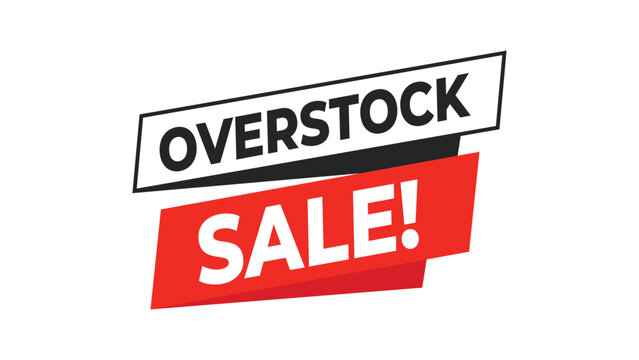 Overstock sale banner, red and black typography design for clearance, retail promotion, or marketing event advertisement in modern communication style