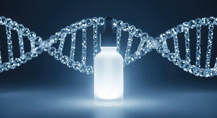 A glowing vial positioned between DNA strands, showcasing innovation in biotechnology.