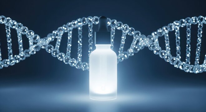 A glowing vial positioned between DNA strands, showcasing innovation in biotechnology.