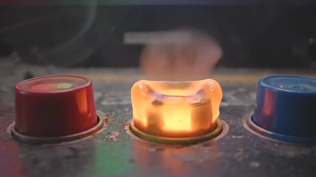 Dynamic zoom-in on a smoking retro arcade machine with a glitching screen and a melting button in a derelict room