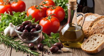Fresh ingredients including tomatoes, olives, and bread, perfect for healthy cooking.