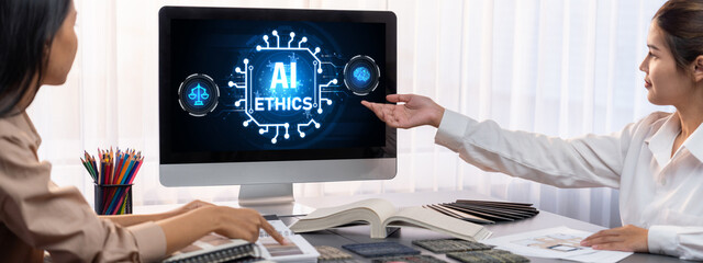 AI ethics responsibility standard law and rules on computer screen provide report of AI ethic transparency preventing technology crime. brisk