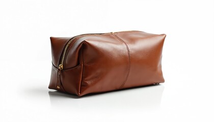 Obraz premium Brown leather travel toiletry bag sits on reflective white background. Elegant, classic cosmetic pouch features shiny gold metal zipper, distinct stitching details. Perfect for organizing personal