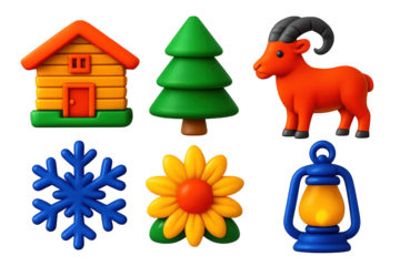 Alpine Icon Set. 3D icon set of alpine motifs: wooden chalet, pine tree, mountain goat, snowflake, alpine flower, lantern. A set