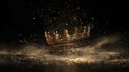 Obraz premium Golden medieval crown floating surrounded by shimmering golden dust particles