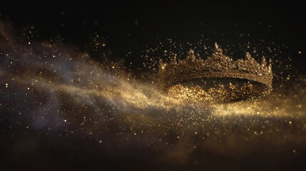 Golden medieval crown floating surrounded by shimmering golden dust particles