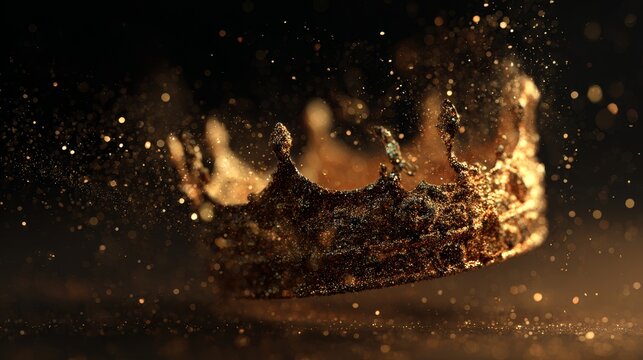 Golden medieval crown floating surrounded by shimmering golden dust particles