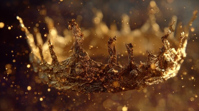Golden medieval crown floating surrounded by shimmering golden dust particles - Powered by Adobe