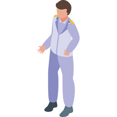 Isometric illustration of a man in a light blue suit and white shirt gesturing with his hands on a transparent background