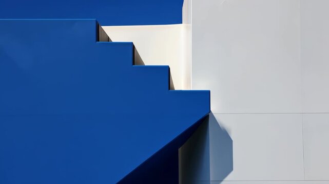 Geometric Ascent: A striking architectural composition of vivid blue steps ascending alongside a stark white wall, emphasizing lines, light, and minimalist design.