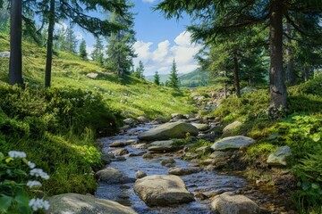 Serene mountain landscape with a clear stream flowing through lush greenery and tall trees