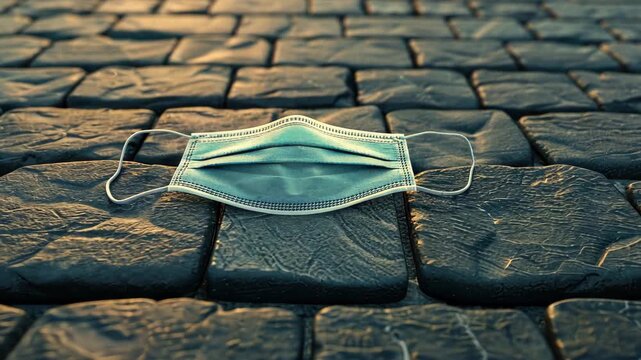 Abandoned Mask on Cobblestones: A discarded surgical mask lies abandoned on rough cobblestones, creating a stark visual reminder of the ongoing global health crisis. 