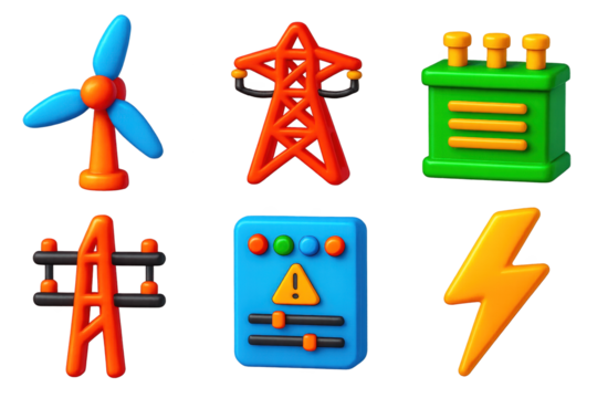 Power Generation Icons. 3D icon set of power generation: turbine blade, high-voltage tower, transformer box, power line, control