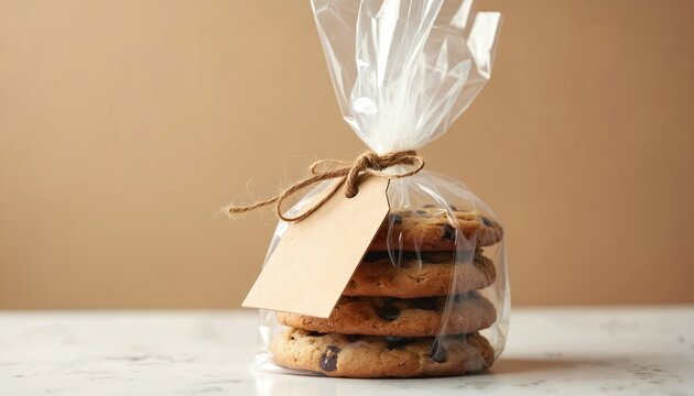 Stack of chocolate chip cookies in cellophane bag tied with twine on table. Homemade treats with blank gift tag. Delicious dessert food gift present for holiday celebration. Sweet pastry. Ready for