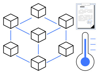 Connected cubes representing blockchain, a signed document for verification, and a thermometer. Ideal for blockchain, data security, smart contract, technology, monitoring, compliance