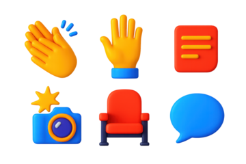 3D Audience Icons. 3D icon set of audience interaction: clapping hands, raised hand, note card, camera flash, auditorium seat,