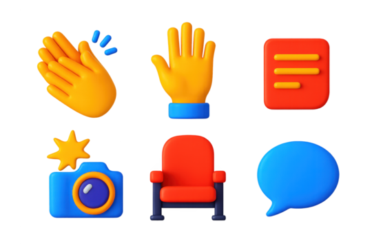 3D Audience Icons. 3D icon set of audience interaction: clapping hands, raised hand, note card, camera flash, auditorium seat,