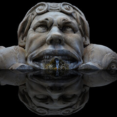 Mascherone Reflection – Baroque Fountain Detail with Water Flow and Surreal Mirror Effect, Rome
