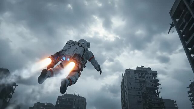 Astronaut flying with jetpack over destroyed, post-apocalyptic city buildings under a dramatic sky.