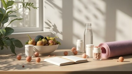Mindful Morning Wellness: Yoga Mat, Healthy Food, Supplements, and Book by Sunlit Window