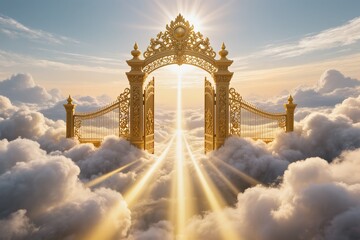 A breathtaking and beautiful portrayal of stunning golden gates opening into a celestial realm above fluffy clouds