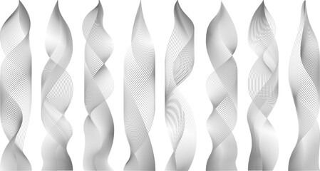 Black 3d vector smoke set. Wavy element air steam or cigarette flame. Transparent abstract vertical ribbon. Thin trail texture. Fluid grey color realistic line effect.