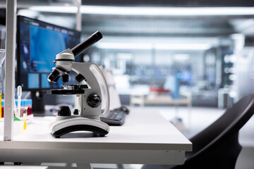 Modern laboratory equipment in an empty research facility, showcasing instruments for bioscience and pharmacology. Scientific environment highlights innovation in genetics and diagnostics.