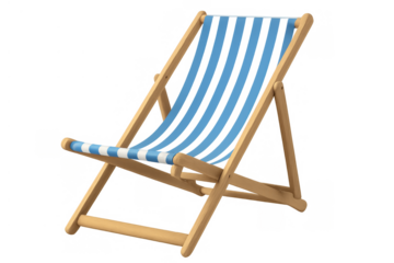 Wooden deck chair, blue and white striped fabric, symbolizing summer holidays, leisure, and travel. Transparent background