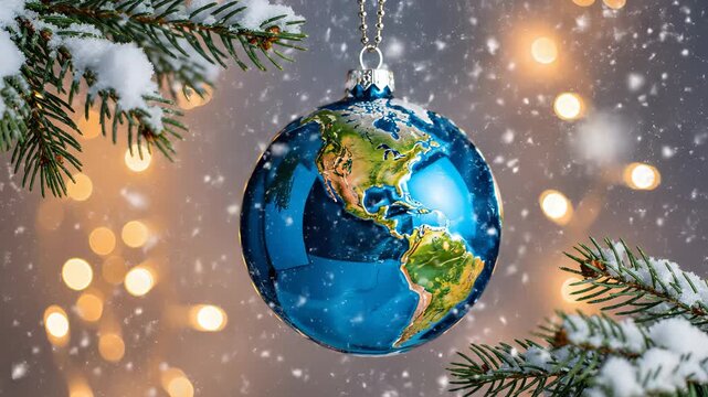 Earth globe ornament hangs on a Christmas tree branch with snow. A festive, enchanting image with lights and delicate snow falling. Holiday season, global unity, peace on Earth.