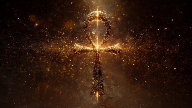 Ancient Egyptian ankh symbol floating with golden particle effects