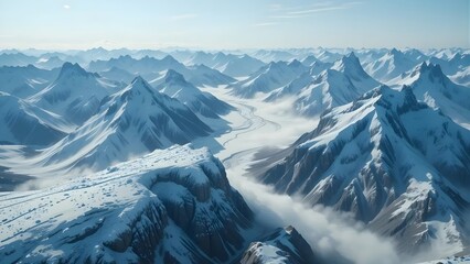 Winter mountain range panorama with snow-covered peaks and misty valleys under a clear sky
