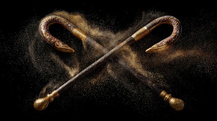 Floating pharaoh's crook and flail crossed with gold dust particle effects