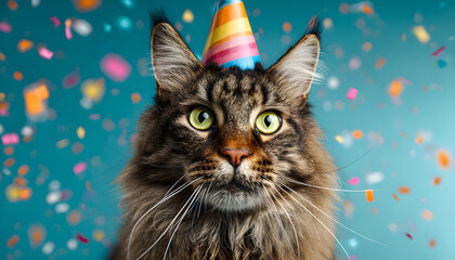 Orange cat wears party hat on blue background with confetti. Feline celebrates birthday. Cat looks surprised. Whiskers, ears up.