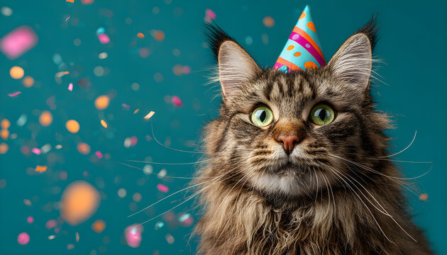 Orange cat wears party hat on blue background with confetti. Feline celebrates birthday. Cat looks surprised. Whiskers, ears up.