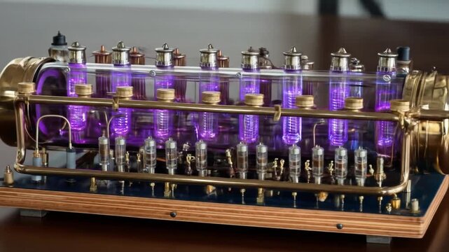 Intricate scientific instrument with glowing purple light and metallic elements
